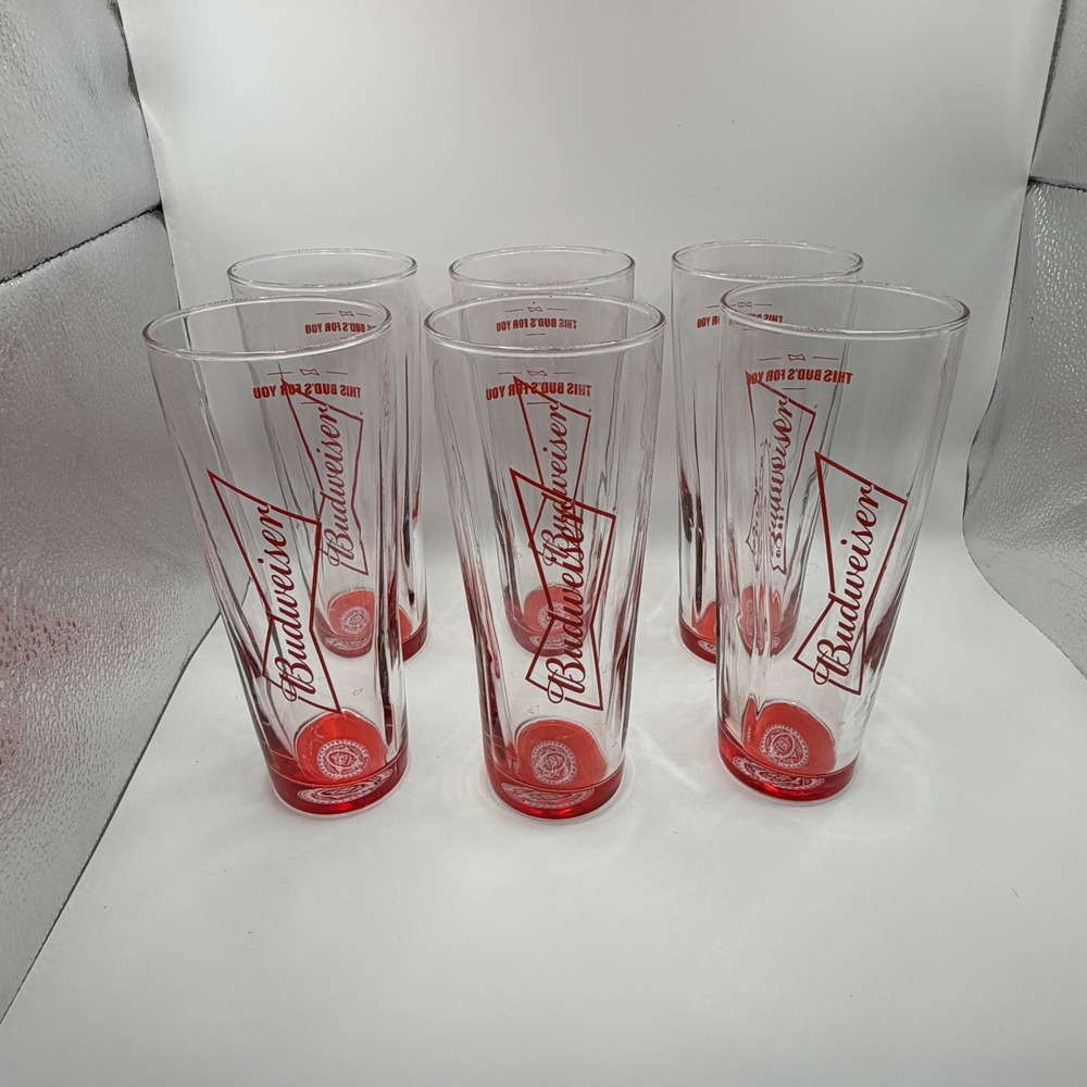 Budweiser Pilsner Beer Glasses Clear Red Set of 6 Barware Breweriana 16oz